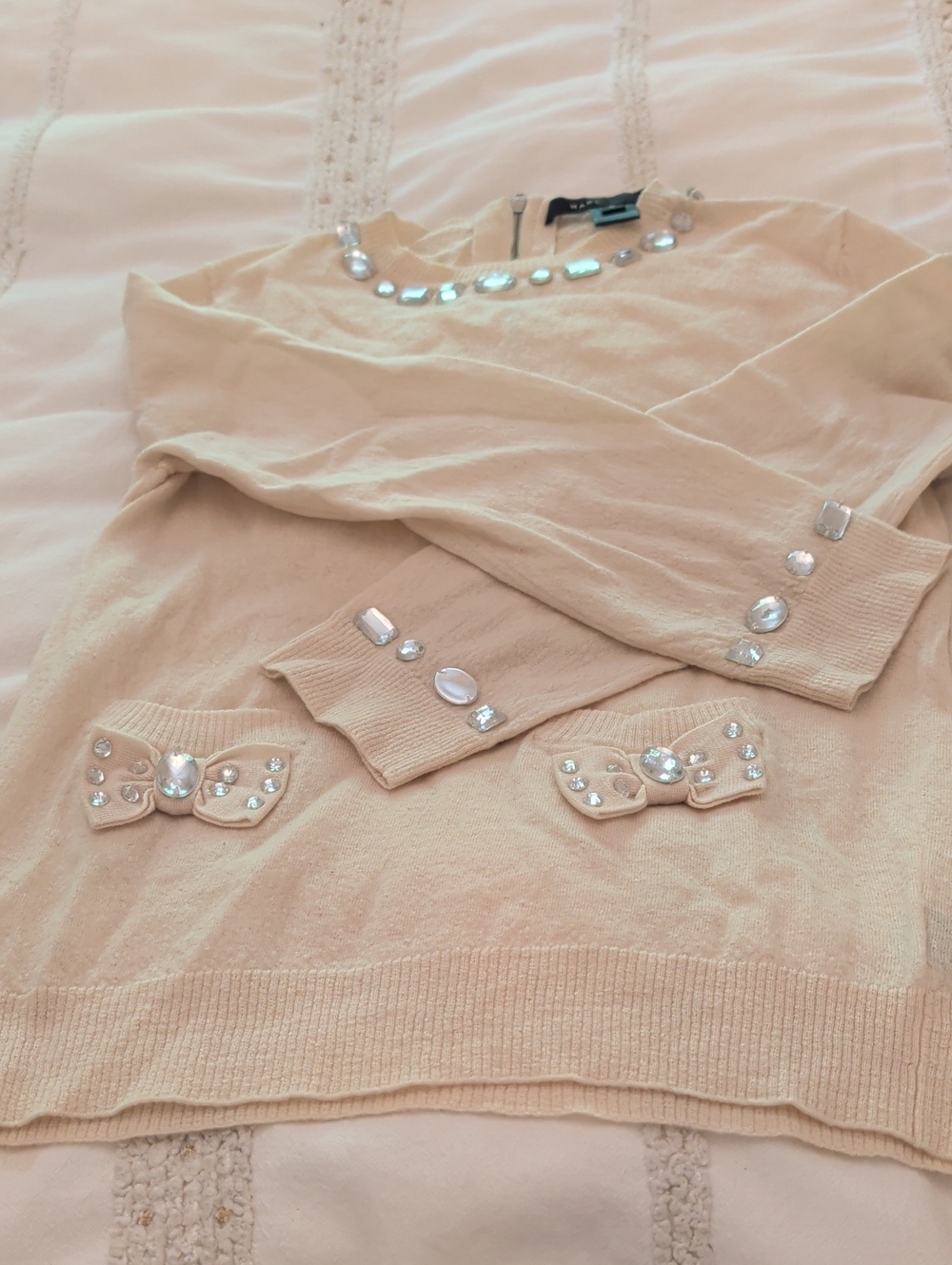 Marc Jacobs Cream Embellished Crewneck Sweater with Jewel Accents